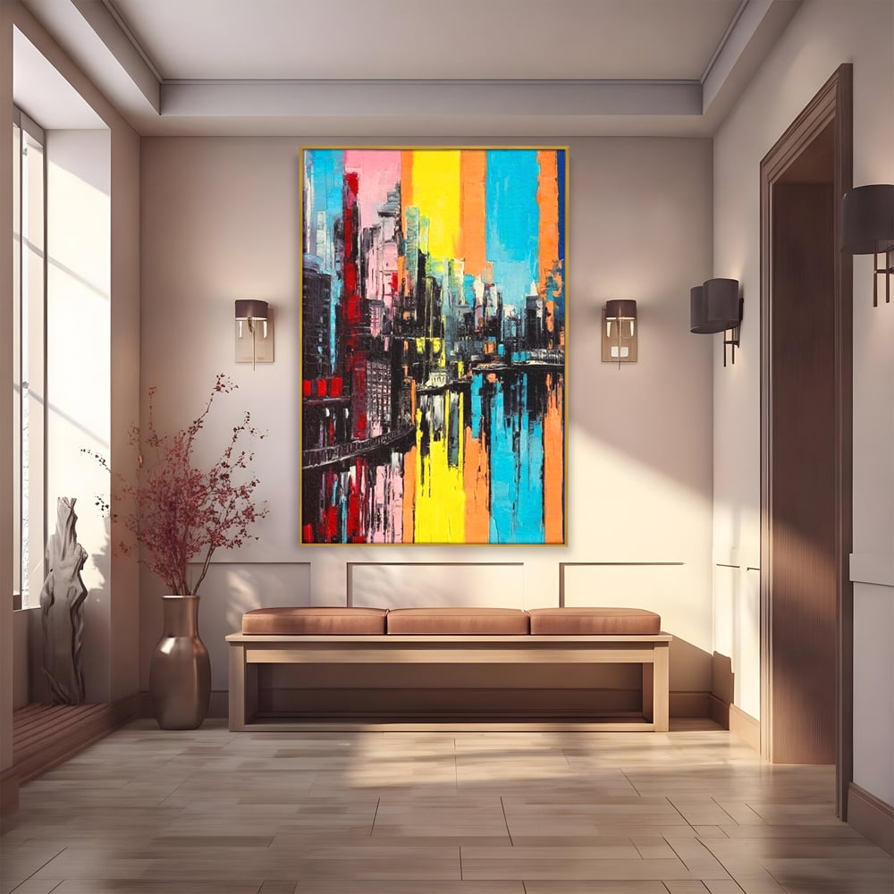 Tablou canvas cu tablou abstract cu cladiri si reflexii, in rama de aluminiu auriu